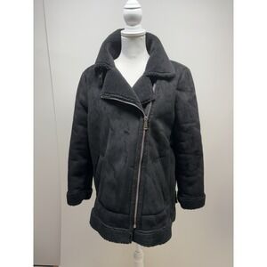 New Loft Aviator Coat Size‎ LP Black Faux Suede Zip Cuffs Buckles Pockets Fleece